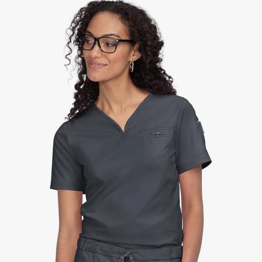 Koi Scrub Top Women’s Georgia Stretch Pockets V-Neck Short Sleeve Charcoal Sz M